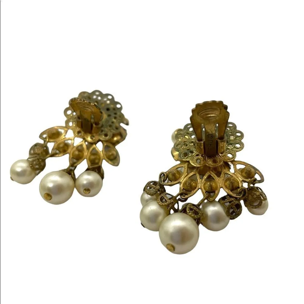 Vintage Pearl Rhinestone Gold Clip Earrings Miriam Haskell Design - Image 3
