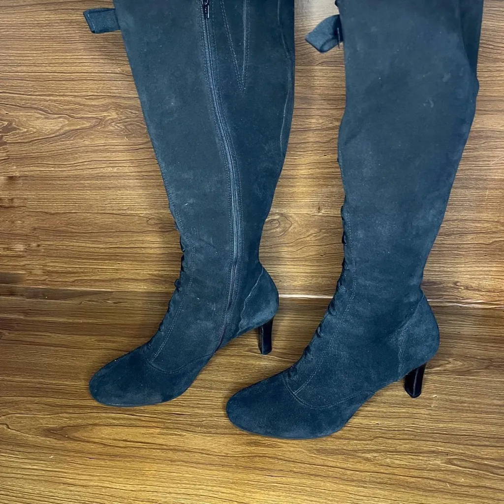 Ann Taylor LOFT Black leather suede tall boots heeled Full zip up round toe - Image 2