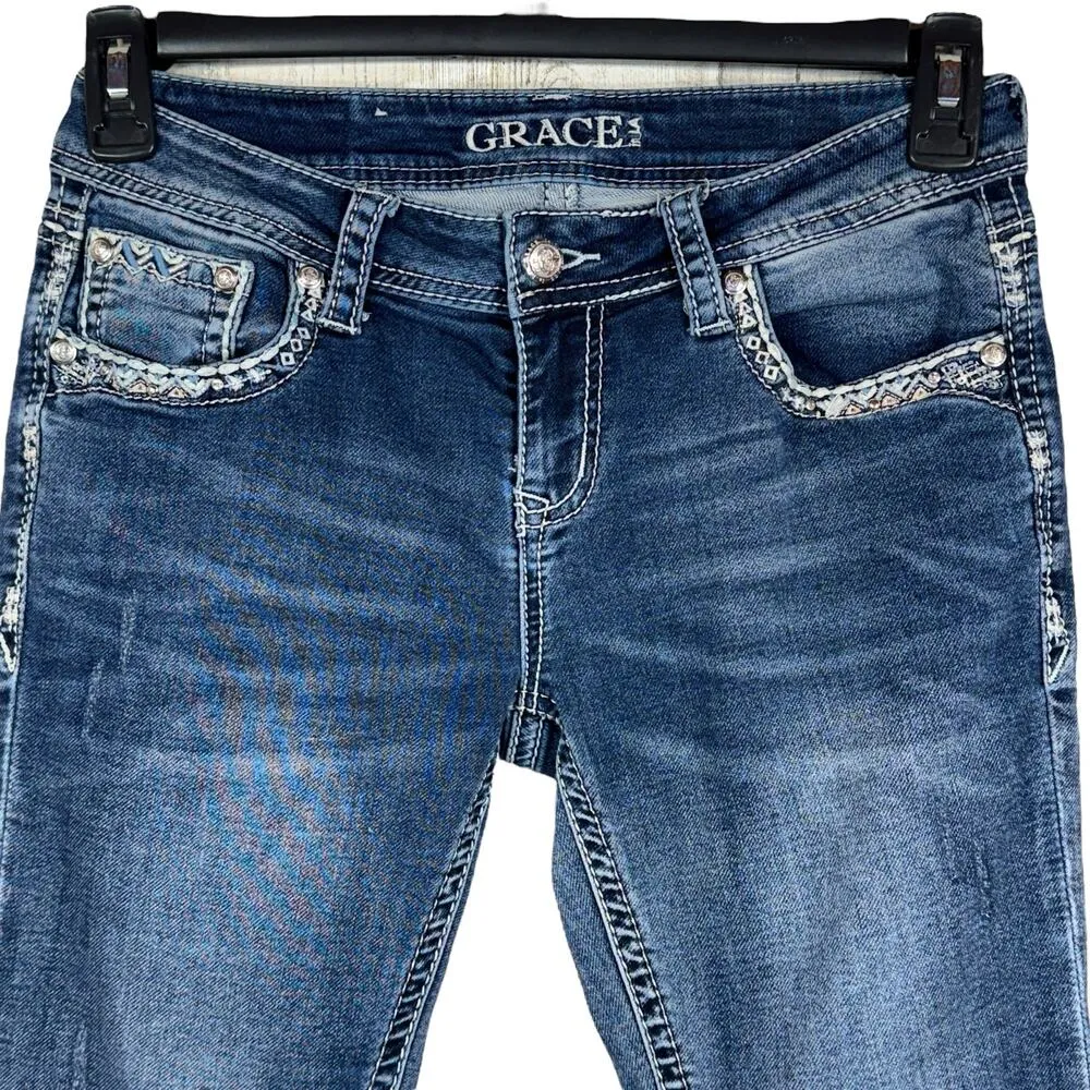 Grace in LA SZ 28 Bootcut Jeans Embroidered Low-Rise Stretch Zip-Fly Whiskered - Image 2