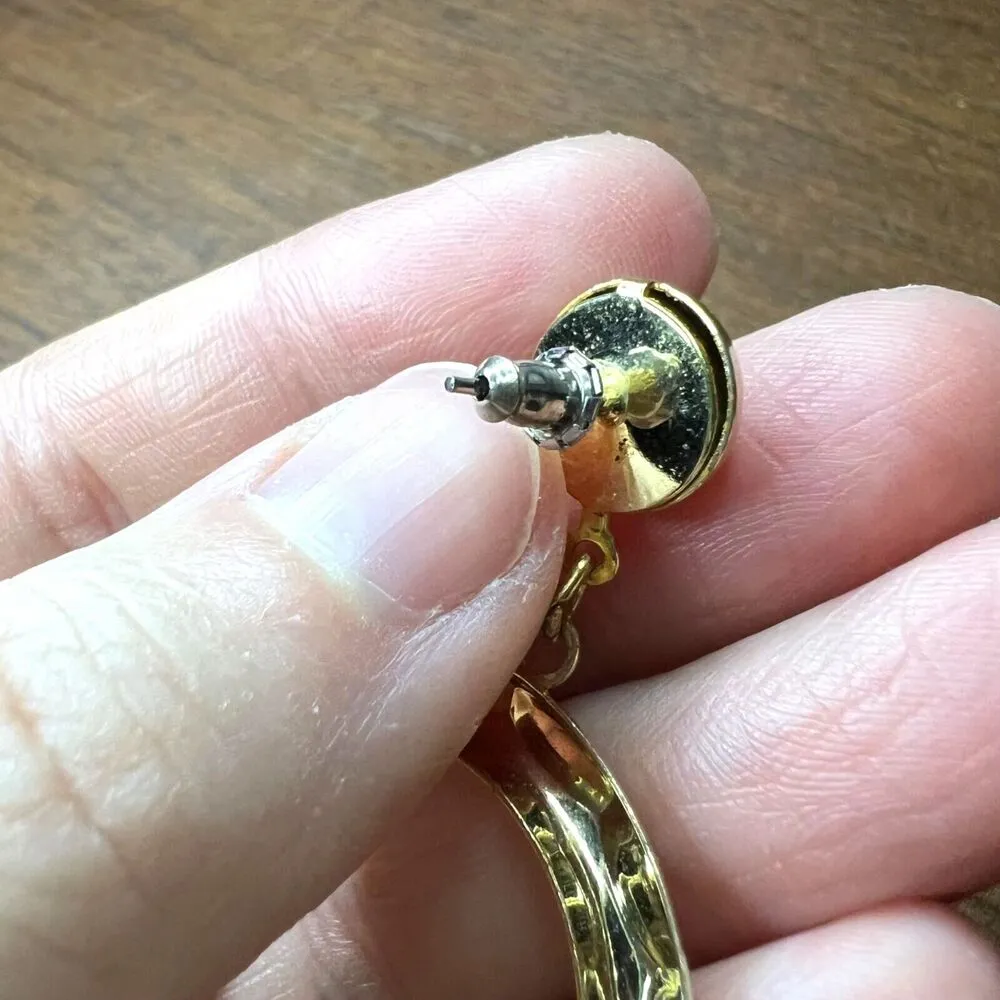 Vintage Womens Circle Hoop Stud Dangle Earrings Gold Tone Metal 70s 80s - Image 5