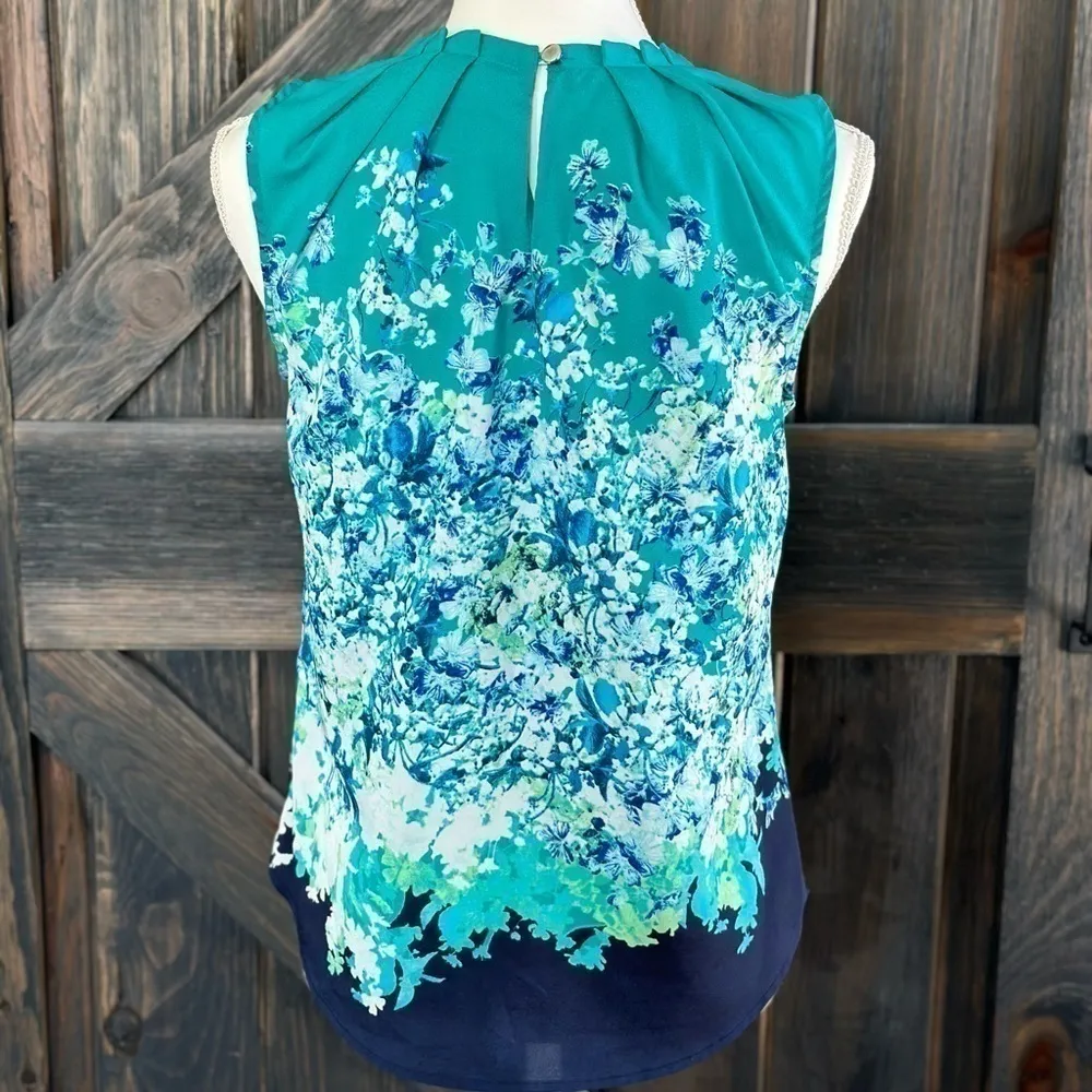 New York & Company Blouse Ombre Floral Pattern Pleated Neckline Zip Up Blue XS‎ - Image 2