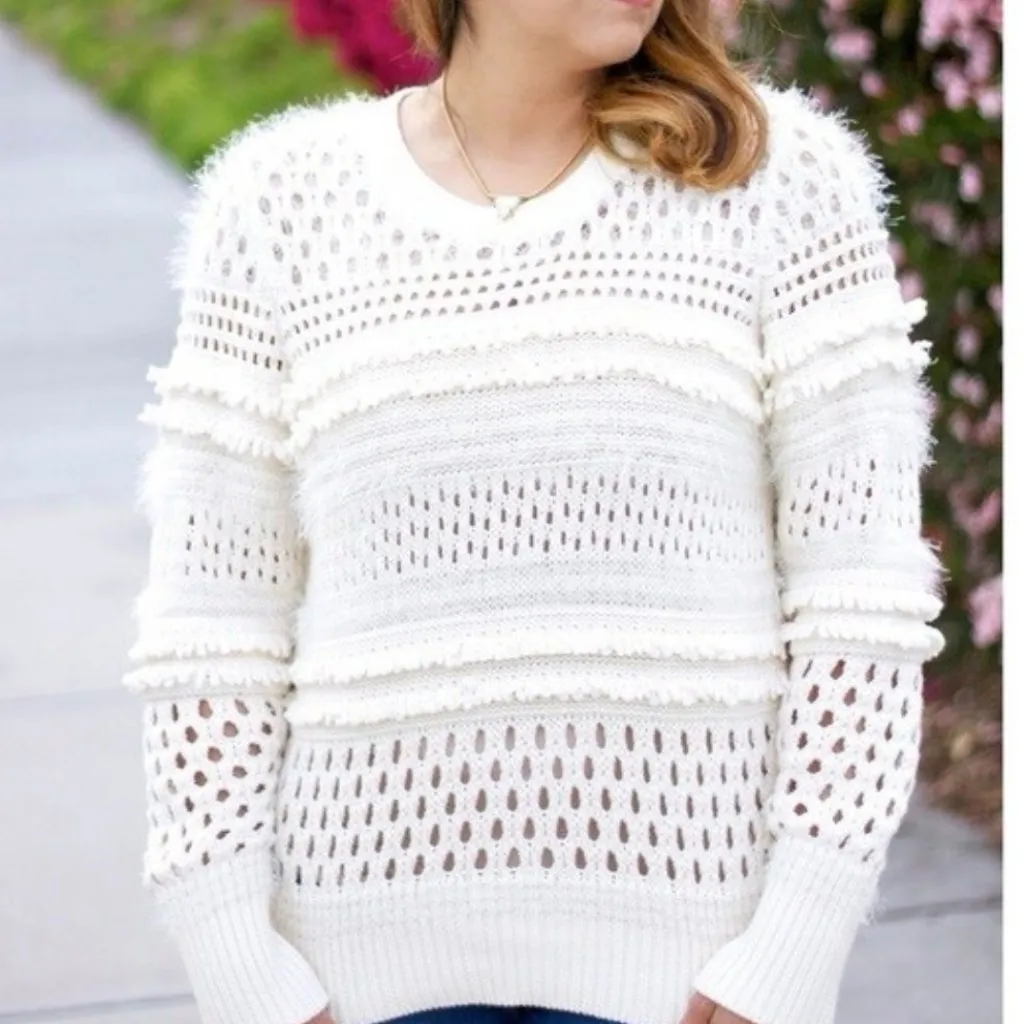 Banana Republic Sweater Women S Ivory Eyelash Fringe Open Crochet Knit Boho Chic - Image 2