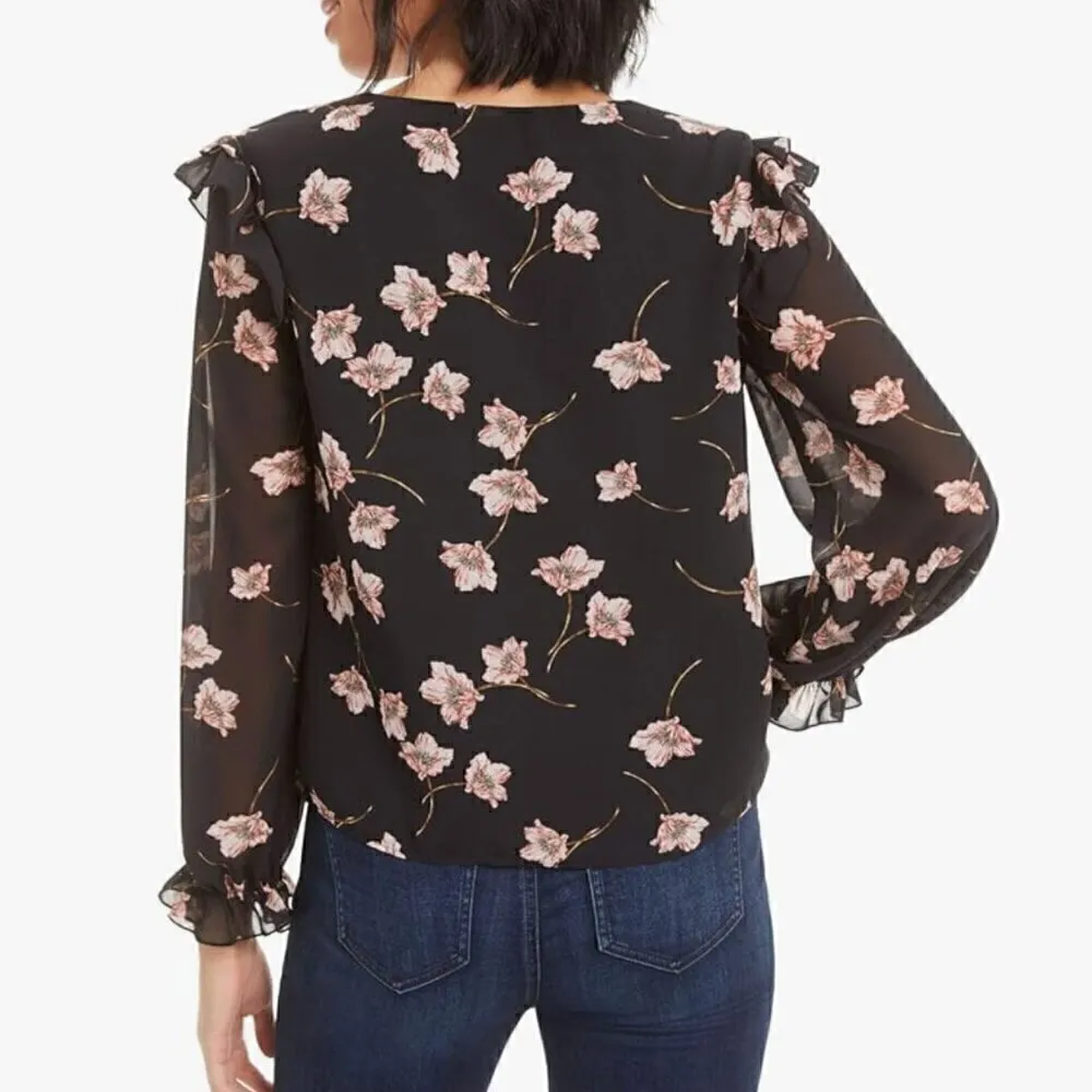 BAR III Floral Print Ruffle Sleeve Blouse Black Pink V-Neck Boho Long Sleeve S - Image 3