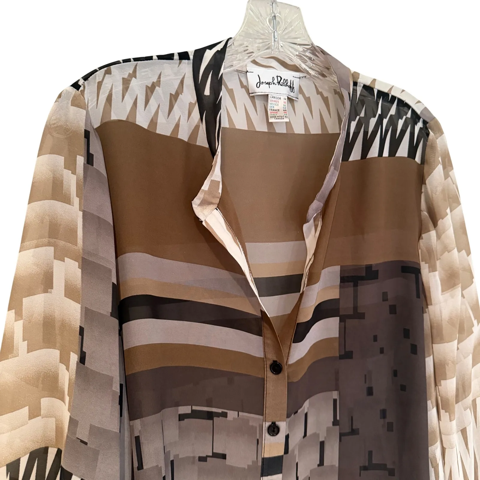 Joseph Ribkoff Geometric Print Sheer Blouse Women's 14 Brown Career Classic - Image 2