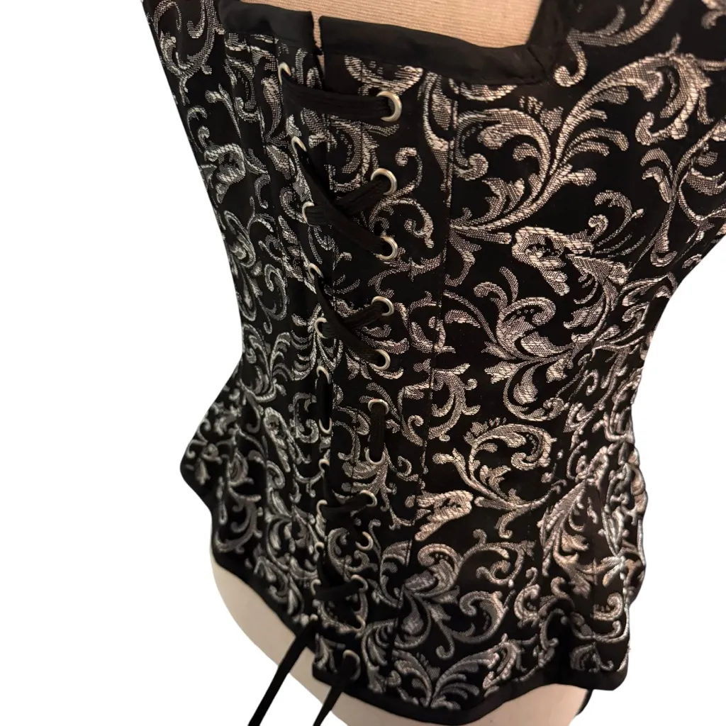 Steel boned Corset Queens sz 30 lace up side zip Black Silver Brocade slimming - Image 4