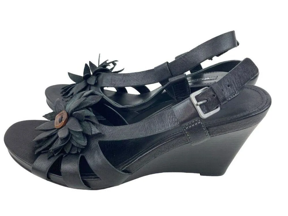 ECCO Wedge Heel Women Size 39 Black Leather Flower Strappy Slingback Casual Shoe - Image 7