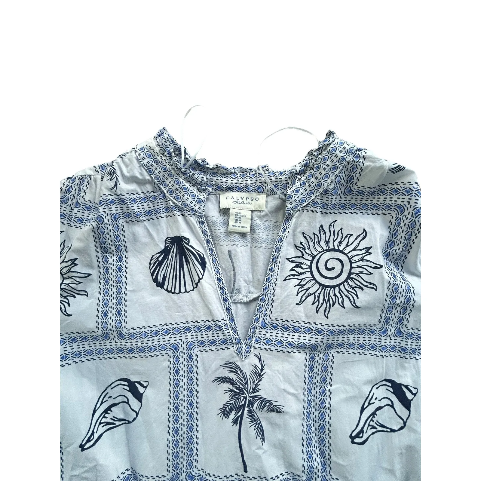 Calypso St Barth Beach Dress Tunic Sun Shell Palm Print Tiered V Neck XL White - Image 3