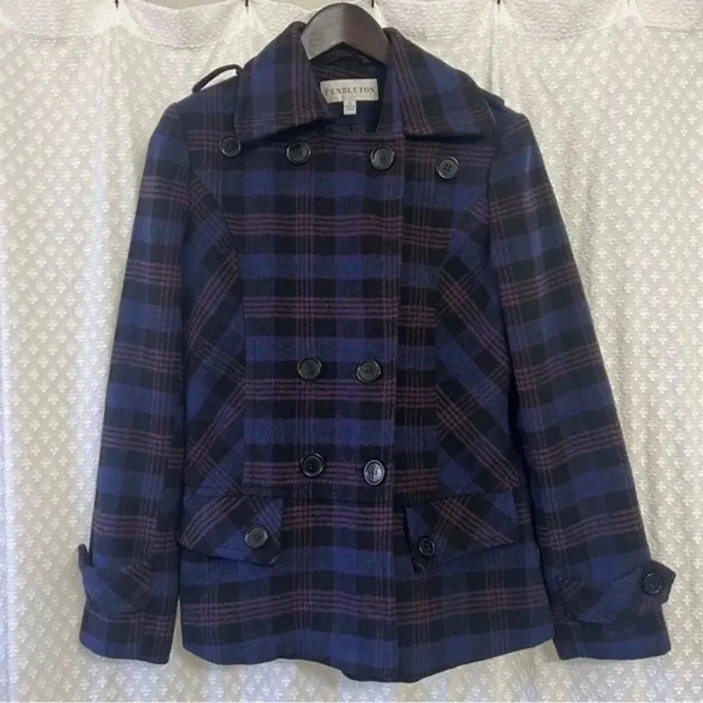 plaid pea coat size small EUC - Image 3