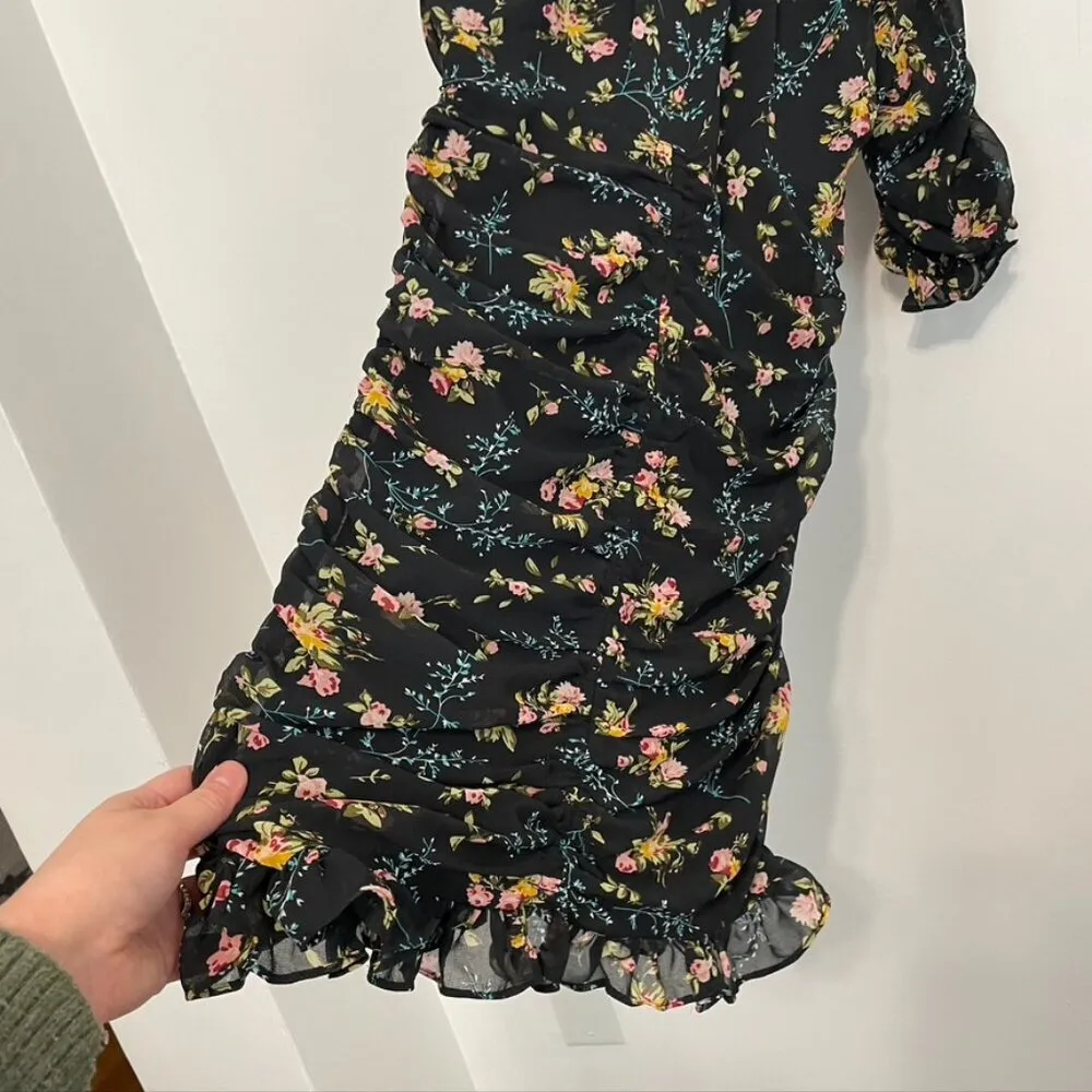NEW NWT LEA VIOLA Shirred Floral Mini Dress Black Pink Multi Ruched Bodycon S - Image 14