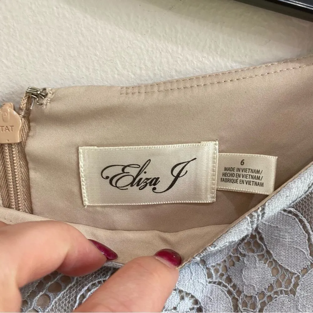 Eliza J | Light Pastel Blue & Tan Lace 3/4 Sleeve Sheath Dress Size 6 - Image 8