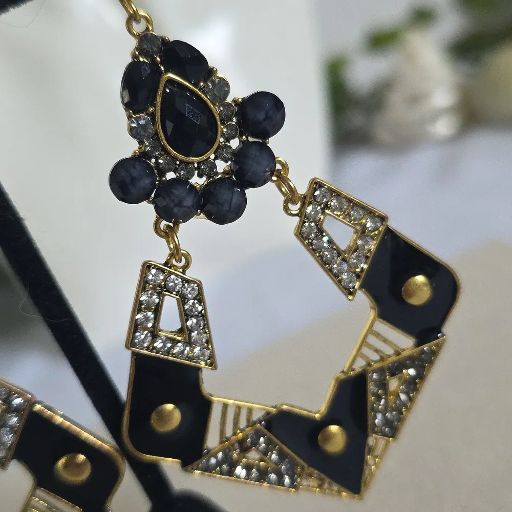 Statement Gold and Black Art Deco Style Drop Earrings - Image 3