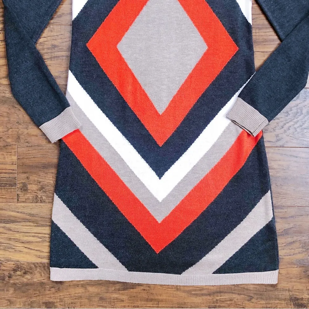 Eliza J • Diamond Pattern sweater dress grey orange tan knit long sleeve - Image 8