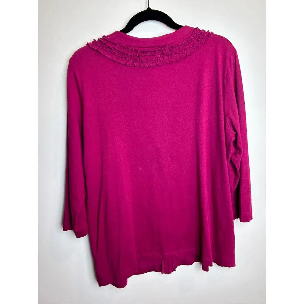 Caribbean Joe Women Blouse Red Cranberry Ruffle Detail Size Large V Neck Button - Image 4