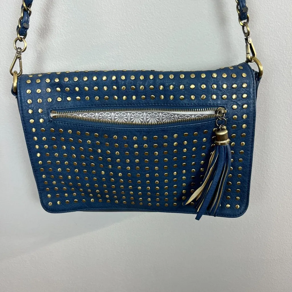 Urban Expressions Crossbody Bag Certified Vegan Leather Blue Brass Chain Studded - Image 14