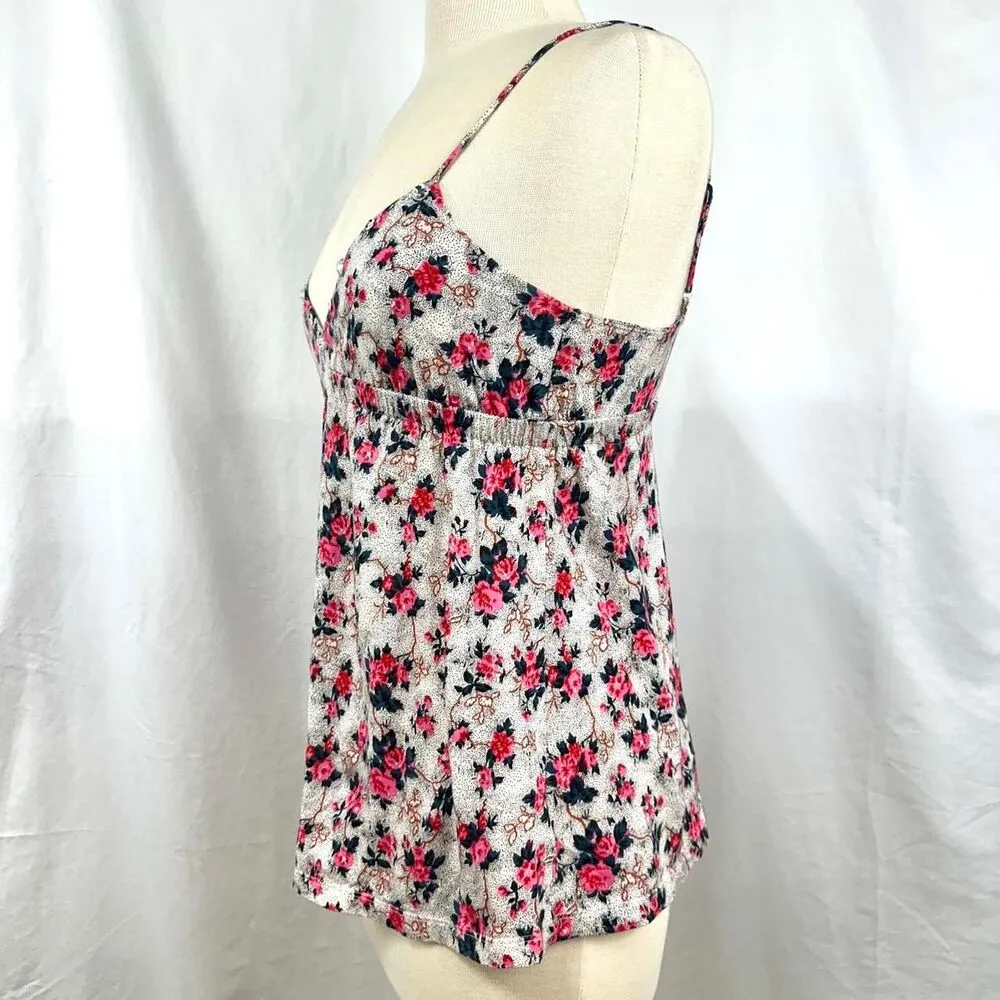 FREE PEOPLE White Pink Floral V Neck Babydoll Tank Top Womens S Y2K 2000s Boho - Image 4