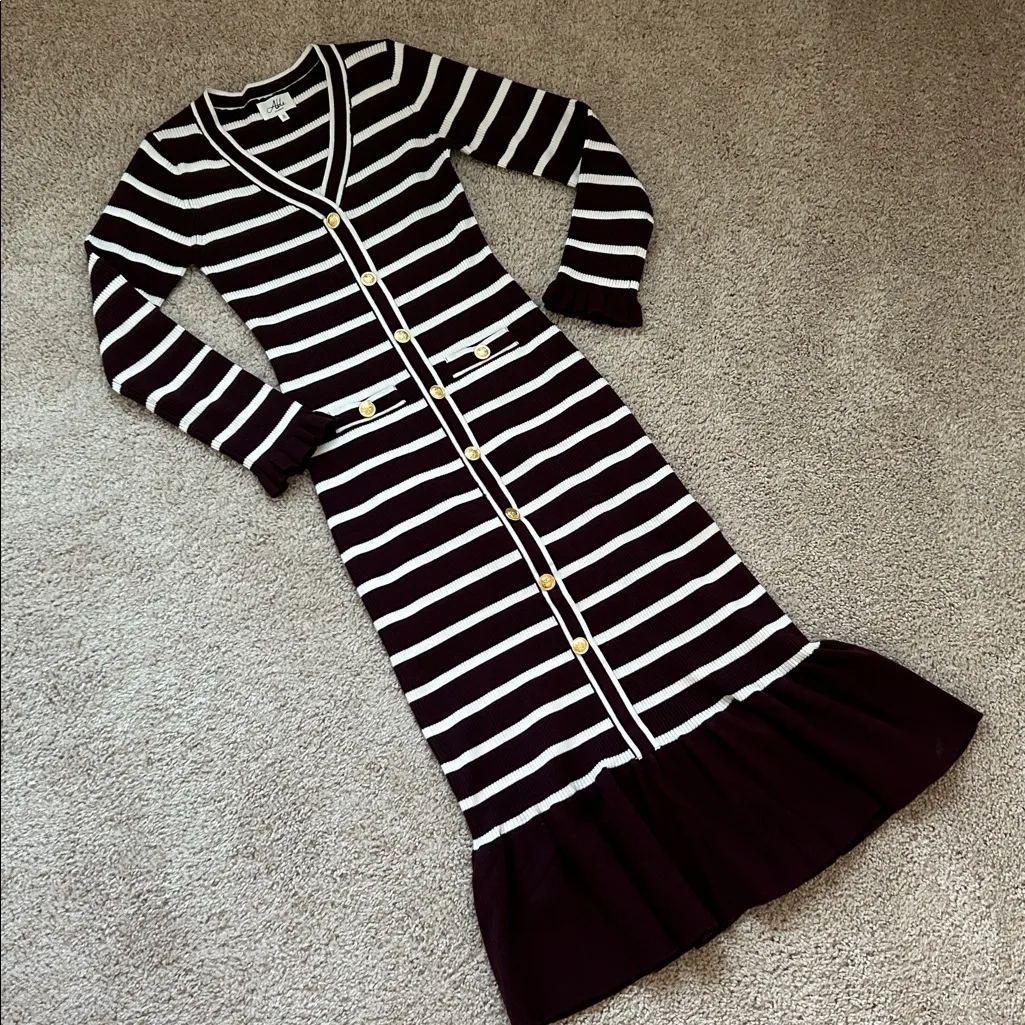 Striped Knit Midi ruffle Dress. S Black - Image 12