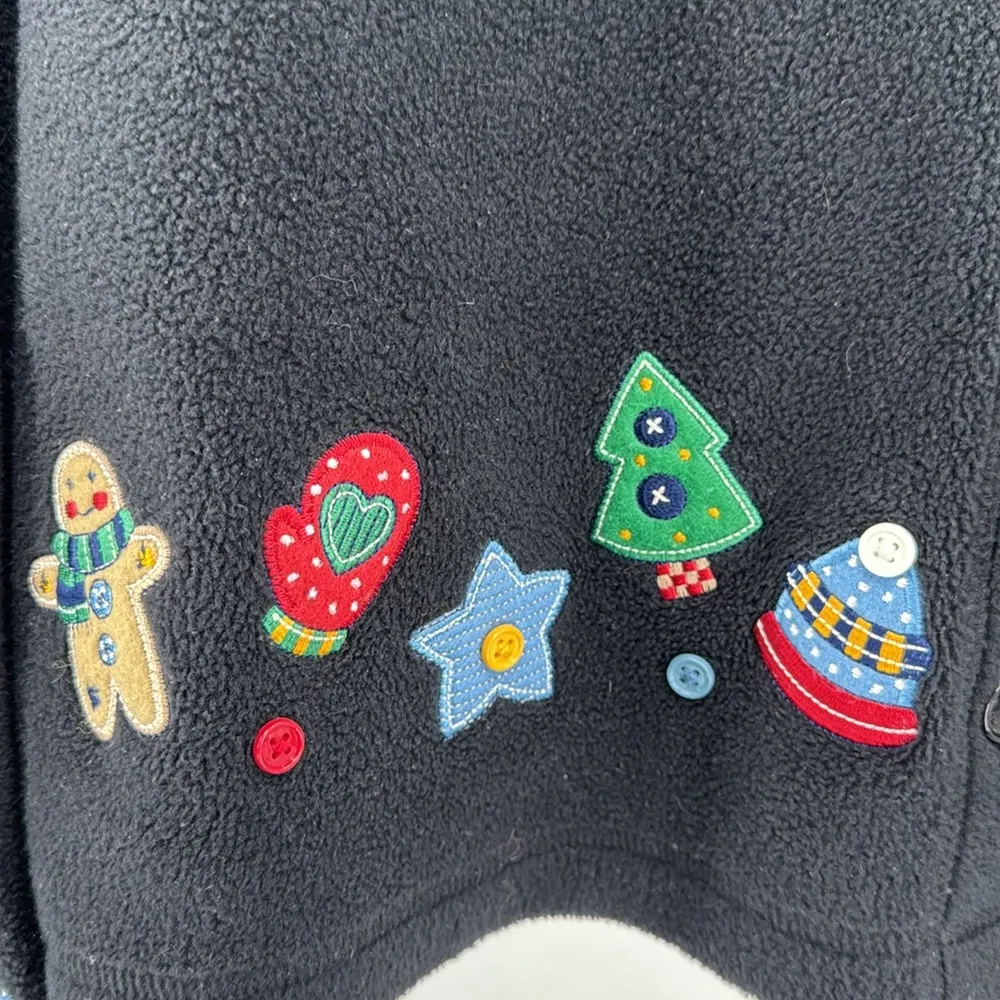Croft & Barrow Black Fleece button front cardigan XL winter holiday felted patch - Image 10