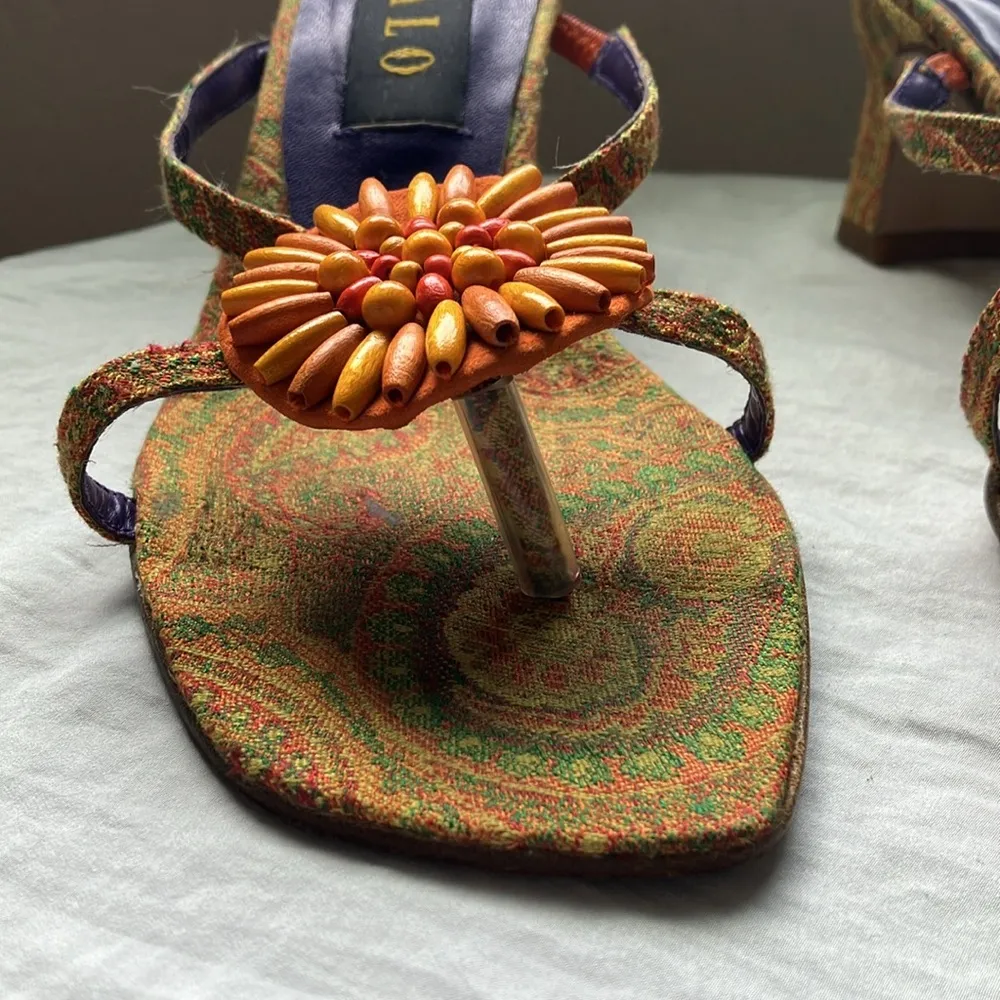 Zalo: Yellow/Orange heeled, paisley sandals - Image 12