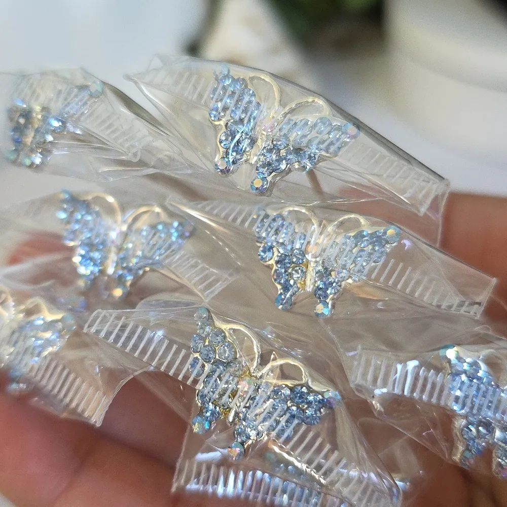 Set of 12 Silver Blue Rhinestone Butterfly Hair Pins - Image 2