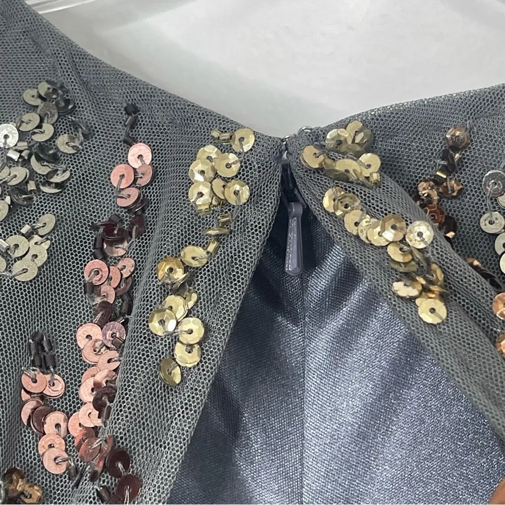 Mac Duggal 5439 Short Cape Flutter Sleeve Sequined Gown in Charcoal, Size 4 - Image 7