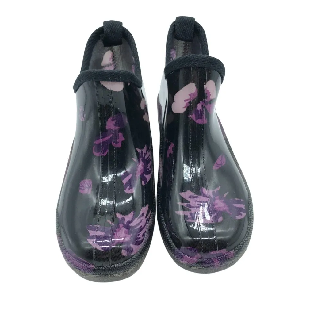 Easy USA Womens Rain Booties Rubber Slip On Floral Black Purple Size 6 - Image 2
