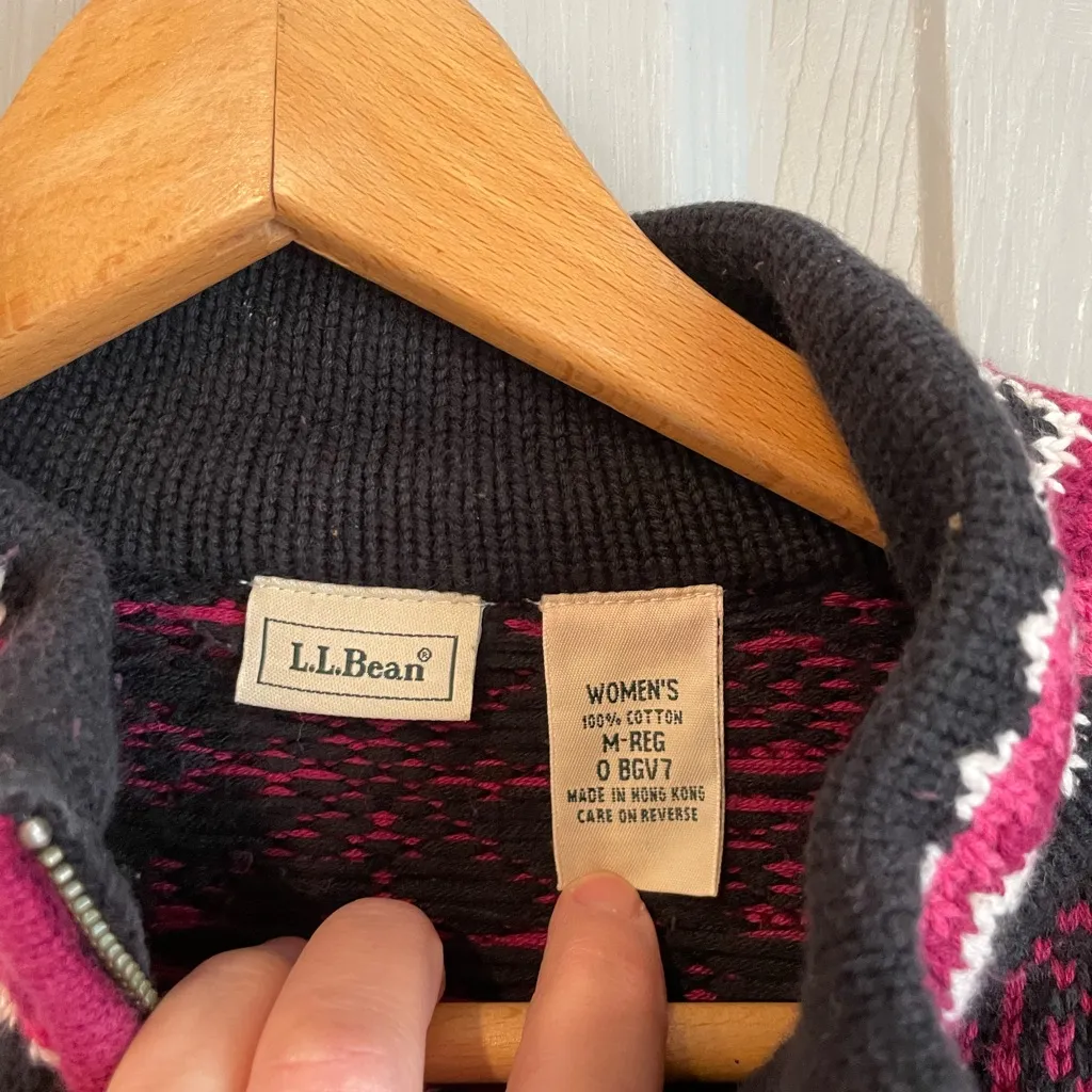 L.L. Bean Women's M Nordic Magenta Black 100% Cotton Full Zip Heavy Sweater Pink Size M - Image 3