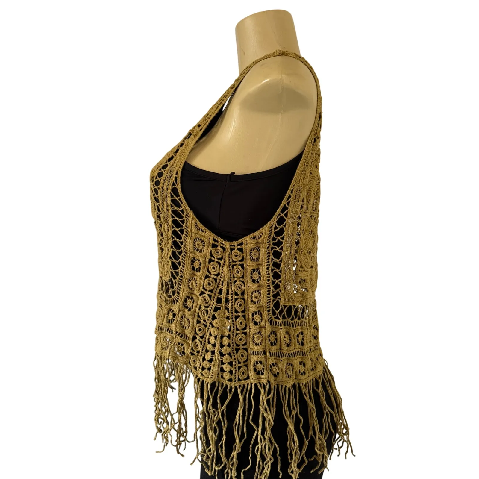 Crochet Fringe Boho Tank Top Size S Cotton Festival Vest Beach Coverup Y2K Gold - Image 2