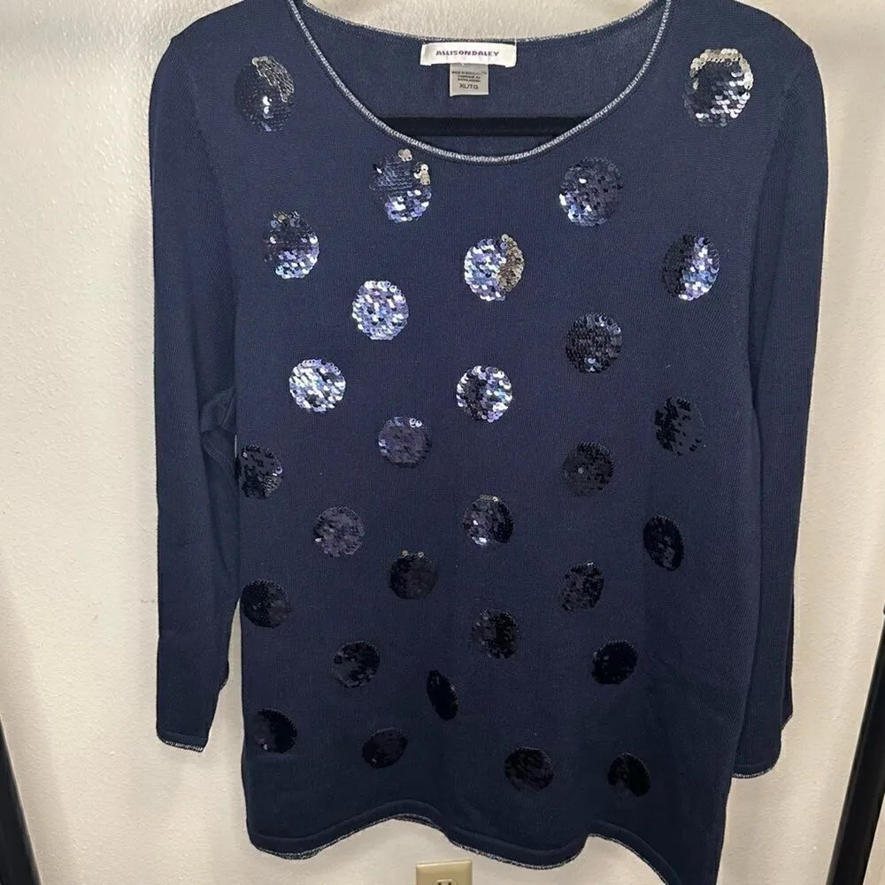 Allison Daley Navy Polka Dot Sequin Pullover Sweater Sz XL NWOT - Image 2