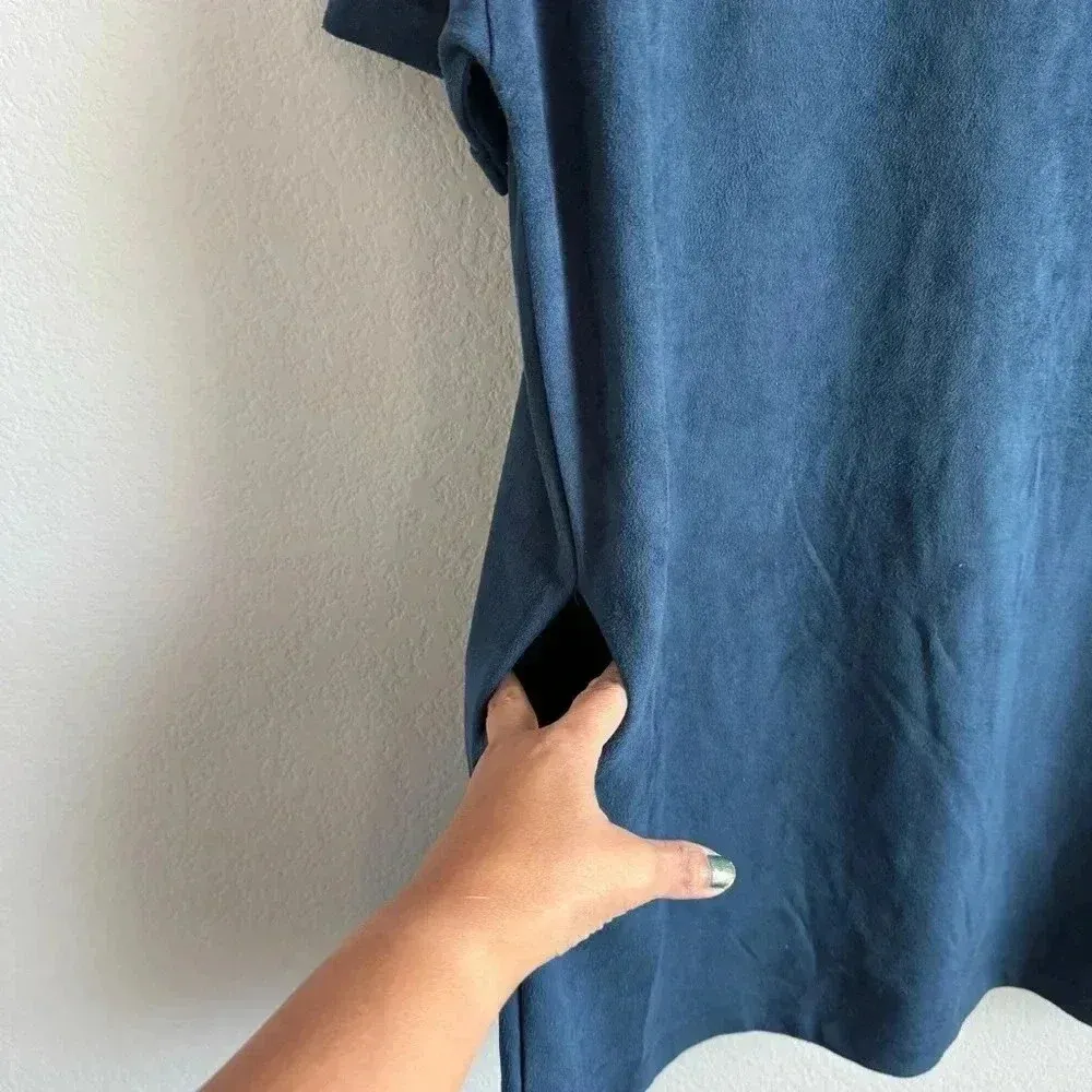Wishlist Women’s Faux Suede Stretch‎ Short Sleeve Pockets Navy Mini Dress Size M - Image 8