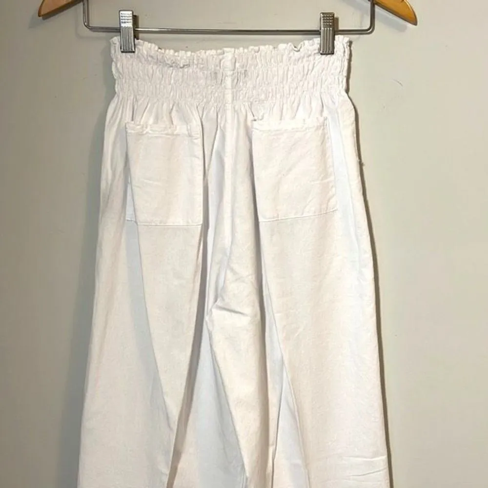 Giocam Womens Wide Leg Pants Elastic Lace Waist Embroidered Pocket White Large - Image 2