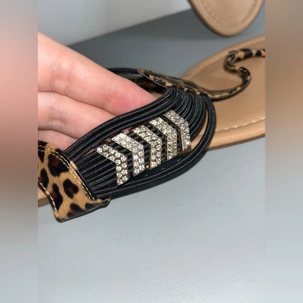 Cheetah Print Summer Crystal Bling Elastic Gladiator Thong Stretch Sandals Sz 10 - Image 4