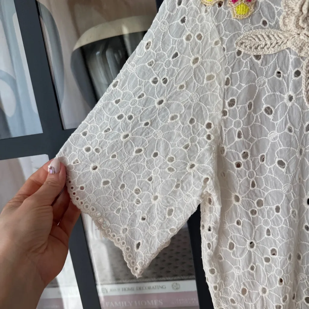 Johnny Was Nydia appliqué top blouse embroidered eyelet crochet flowers floral - Image 11