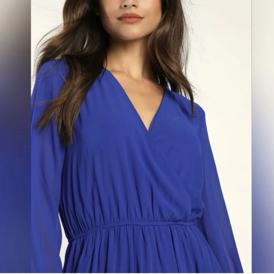 NWT Lulus Wondrous Water Lilies Royal Blue Long Sleeve Slit Maxi Dress LARGE - Image 2