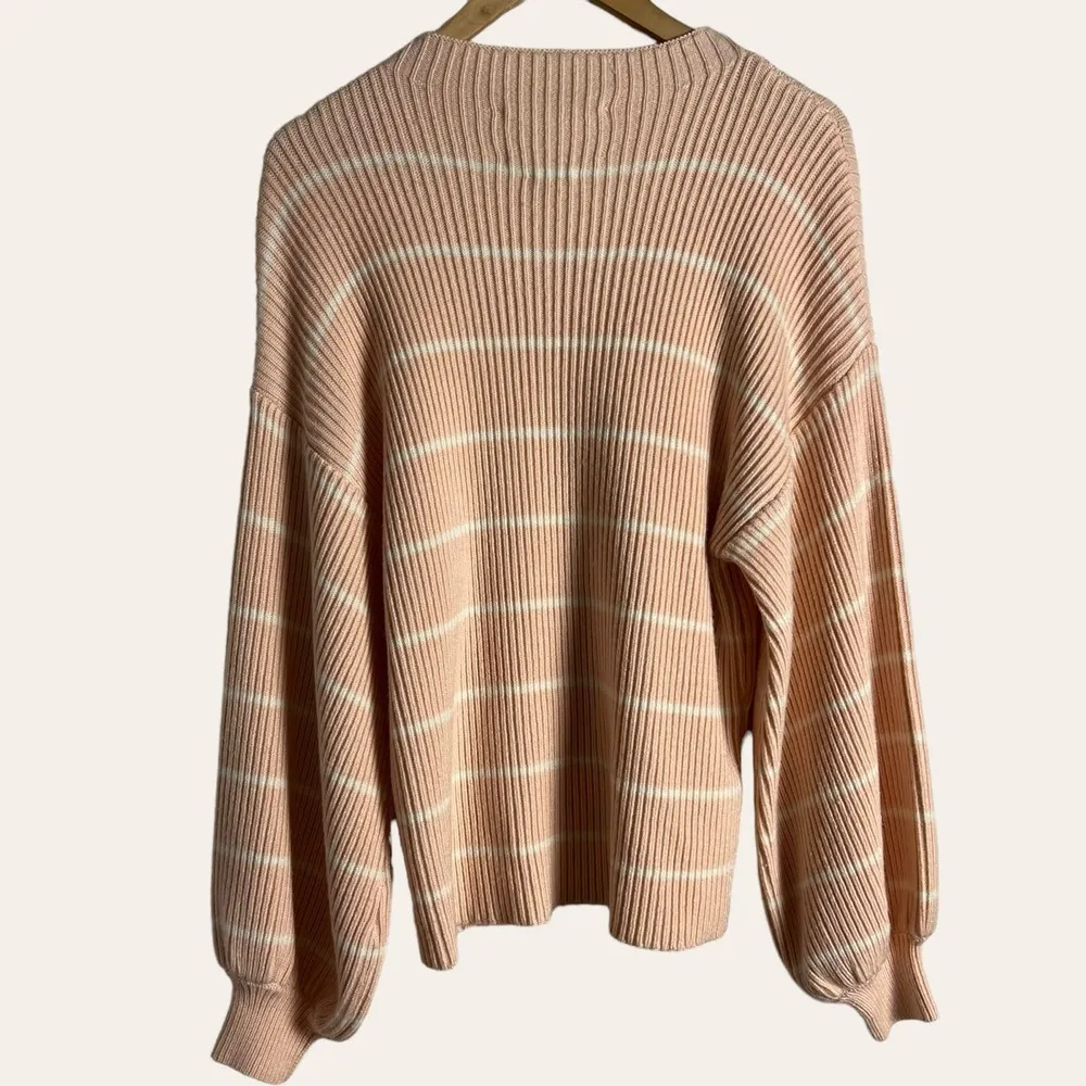 Saylor Reformation Pink White Striped Ribbed Knit Wool Crewneck Balloon Sweater - Image 7