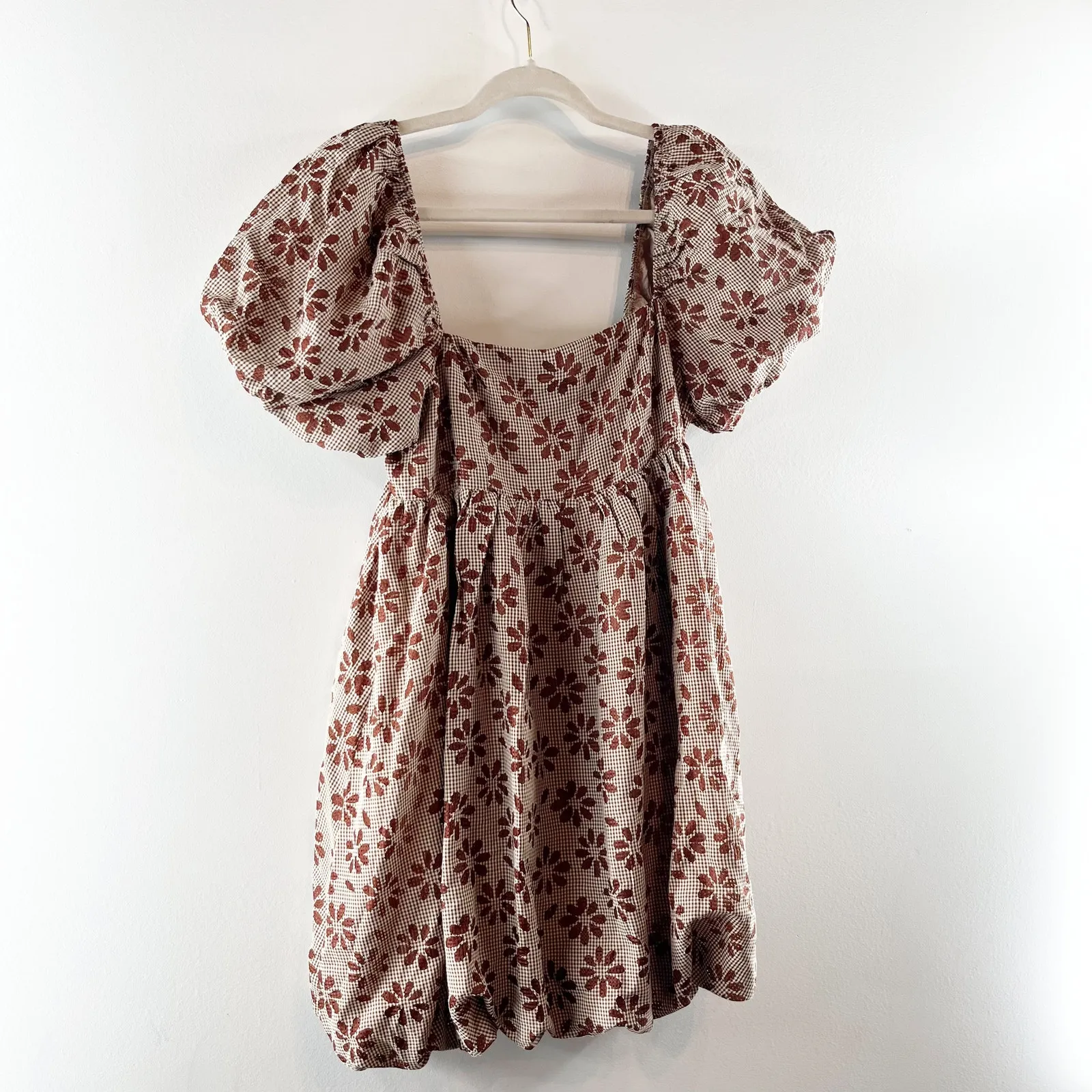 Storia Short Puff Sleeve Square Neck Floral Daisy Bubble Hem Mini Dress Brown M - Image 6