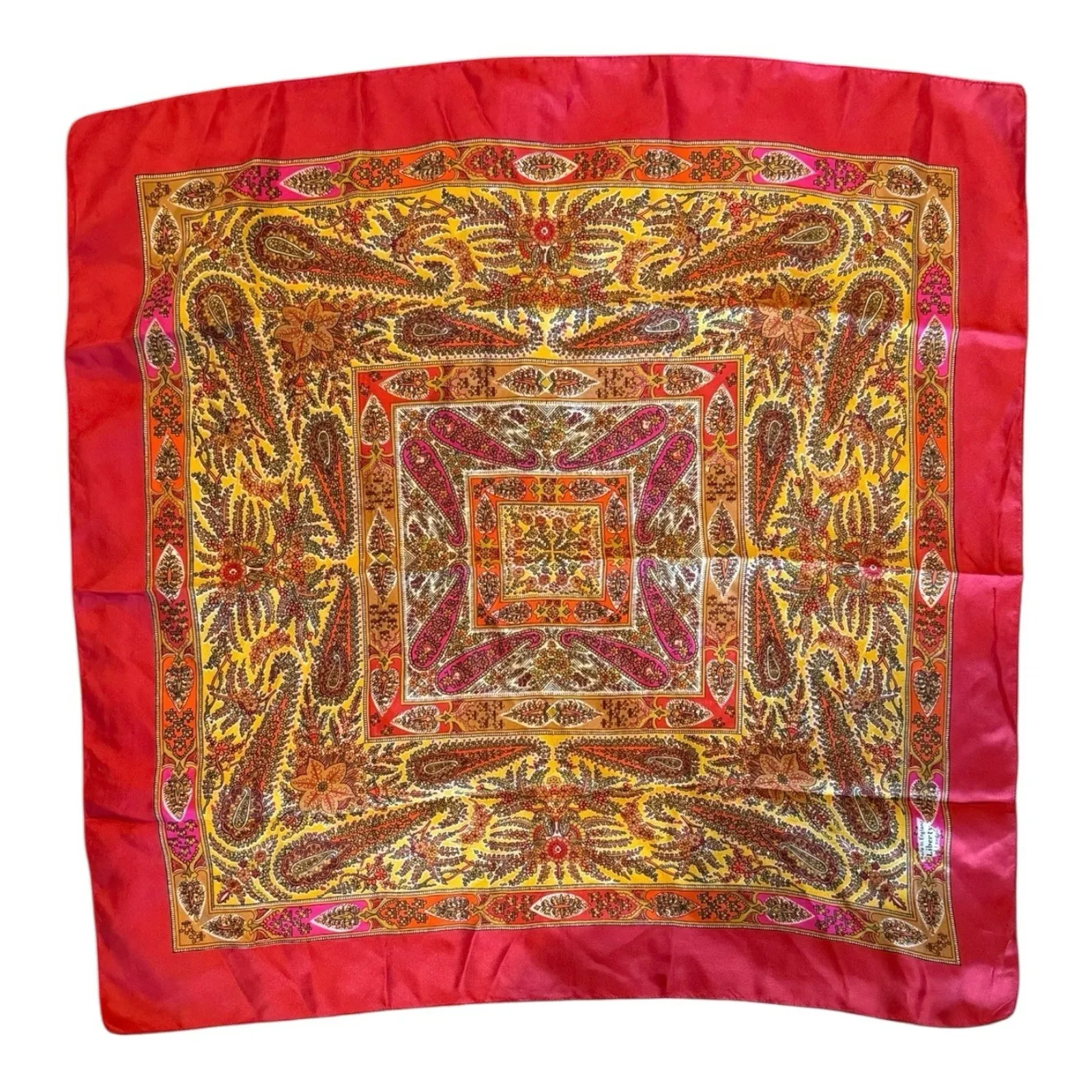 LIBERTY OF LONDON Scarf Geometric Paisley Silk Square Vintage Red Pink Gold - Image 3