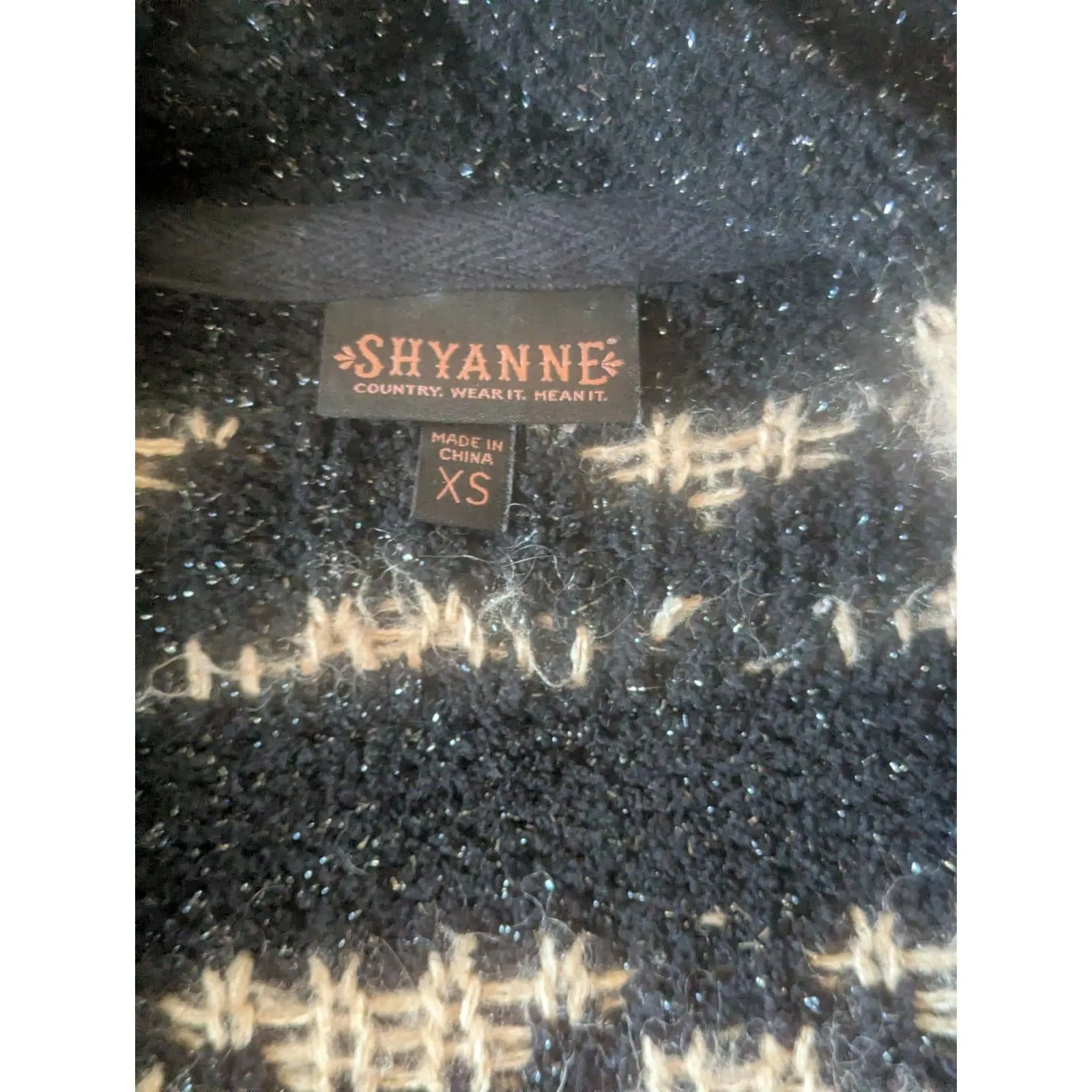 SHYANNE Sparkle Knit Cardigan XS Black Tan Western Fair Isle Sweater Coat - Image 3