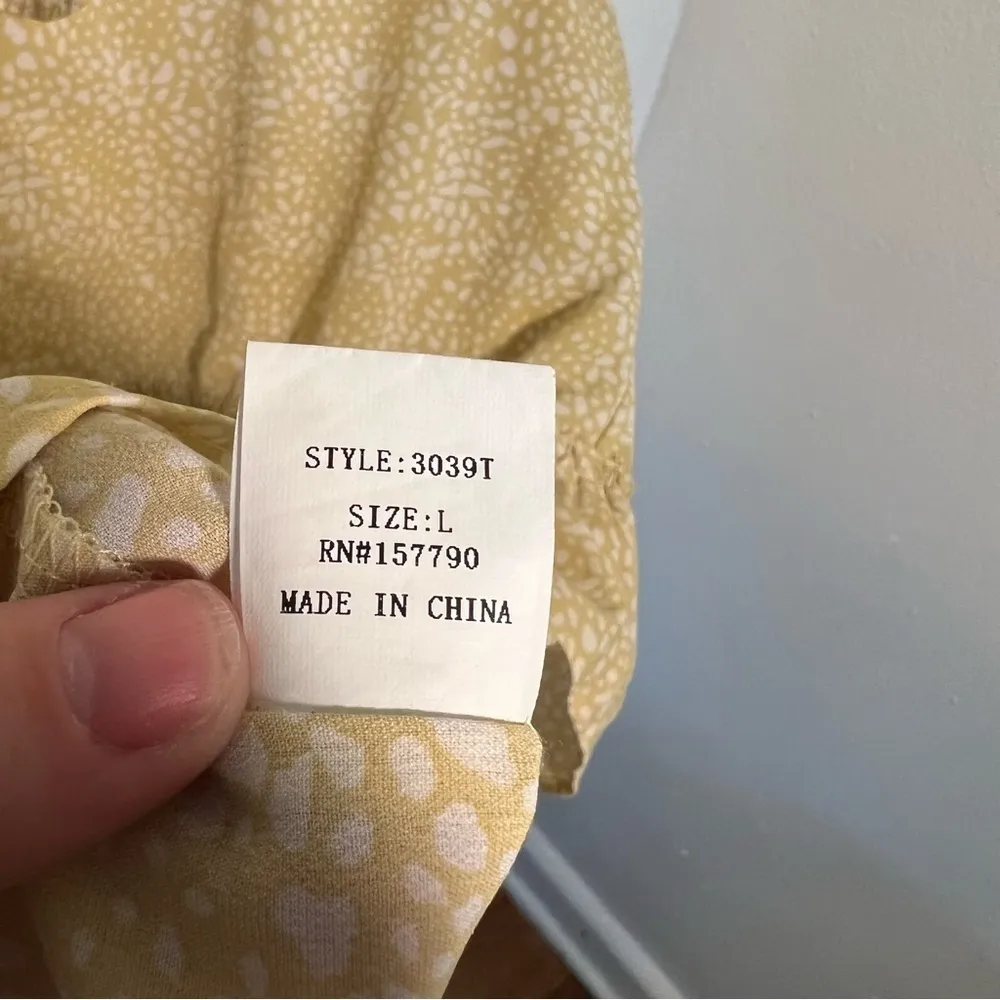 Pinch Ruffle Dress Yellow White Geometric Dots Size L - Image 15