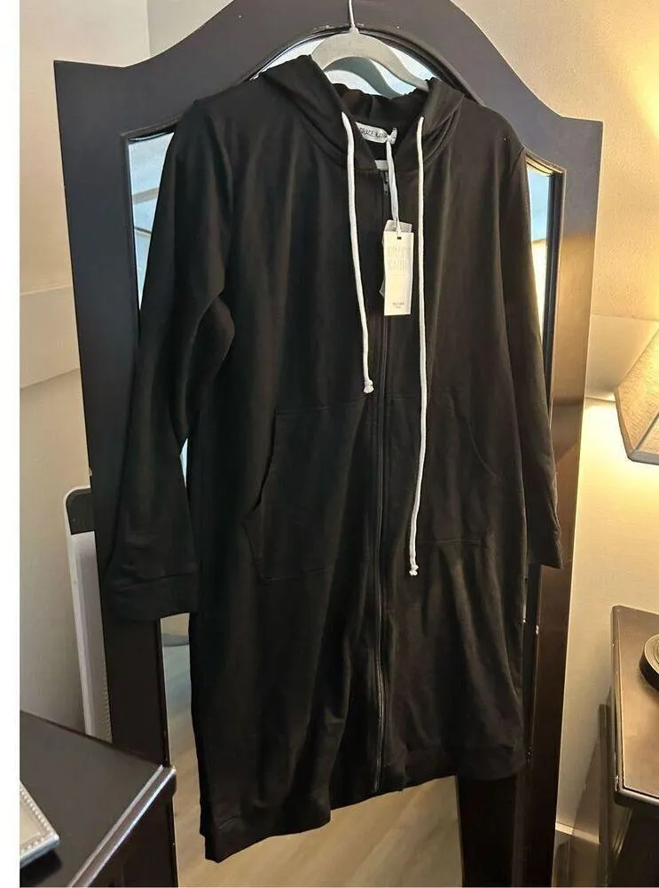 New Black Zip up Tunic Sweatshirt Long Hoodie Jacket M - Image 6