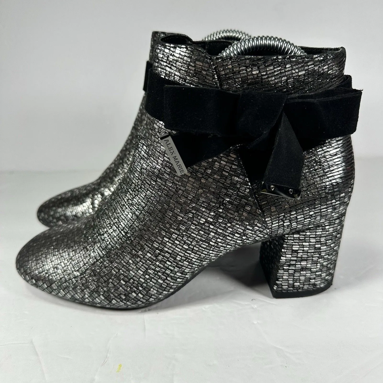 Alex Marie Silver Metallic Textured Leather Bow Ankle Boots - Size 7.5M - Image 3