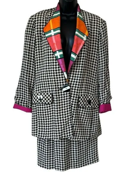 Vintage 80’s Platinum Dorothy Schoelen Retro Houndstooth 2PC Skirt Suit Black Size M - Image 1