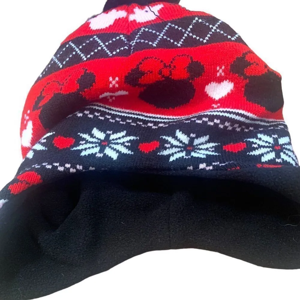 Disney Hat Minnie Mouse Fair Isle Print Red Black Fleece Lined Black Pompom - Image 10