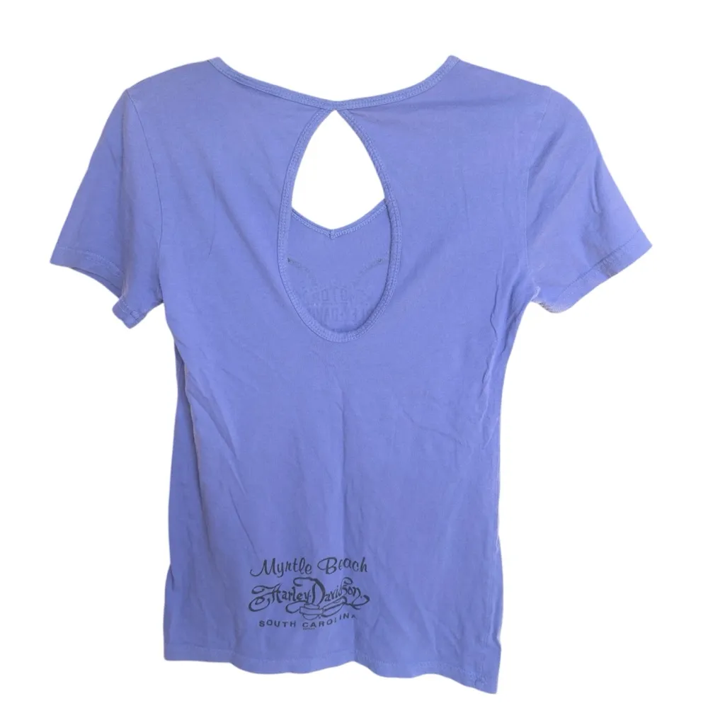 Vintage‎ Harley Davidson Rhinestone Tee Purple Biker Moto Cutout Myrtle Beach S - Image 2