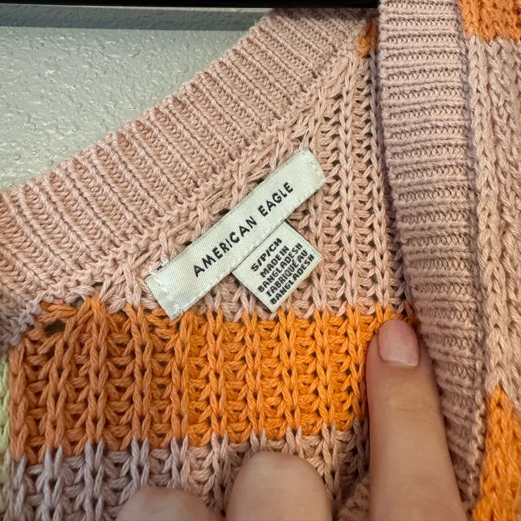 American Eagle Striped Yellow and Orange V Neck Sweater - Image 4