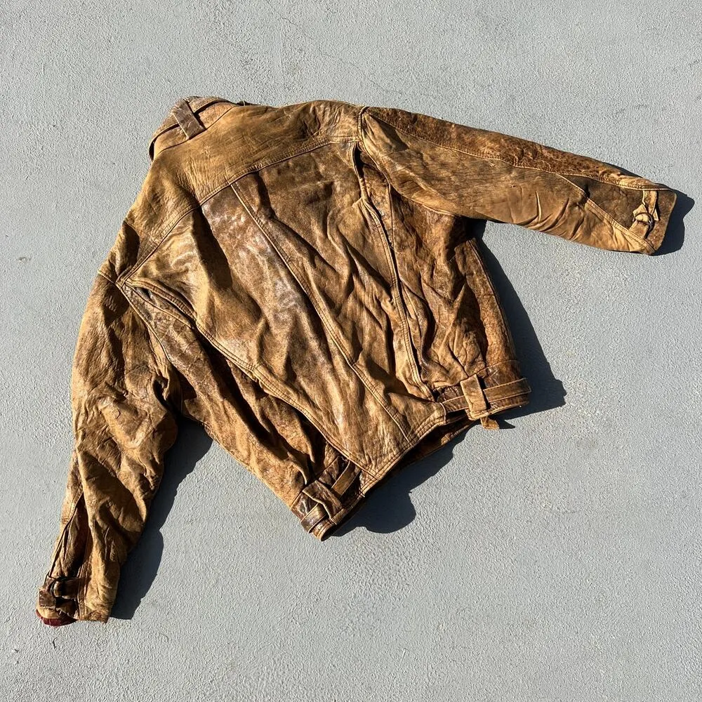 Vintage 80s Tan Leather Moto Bomber Jacket Grunge MEDIUM - Image 7