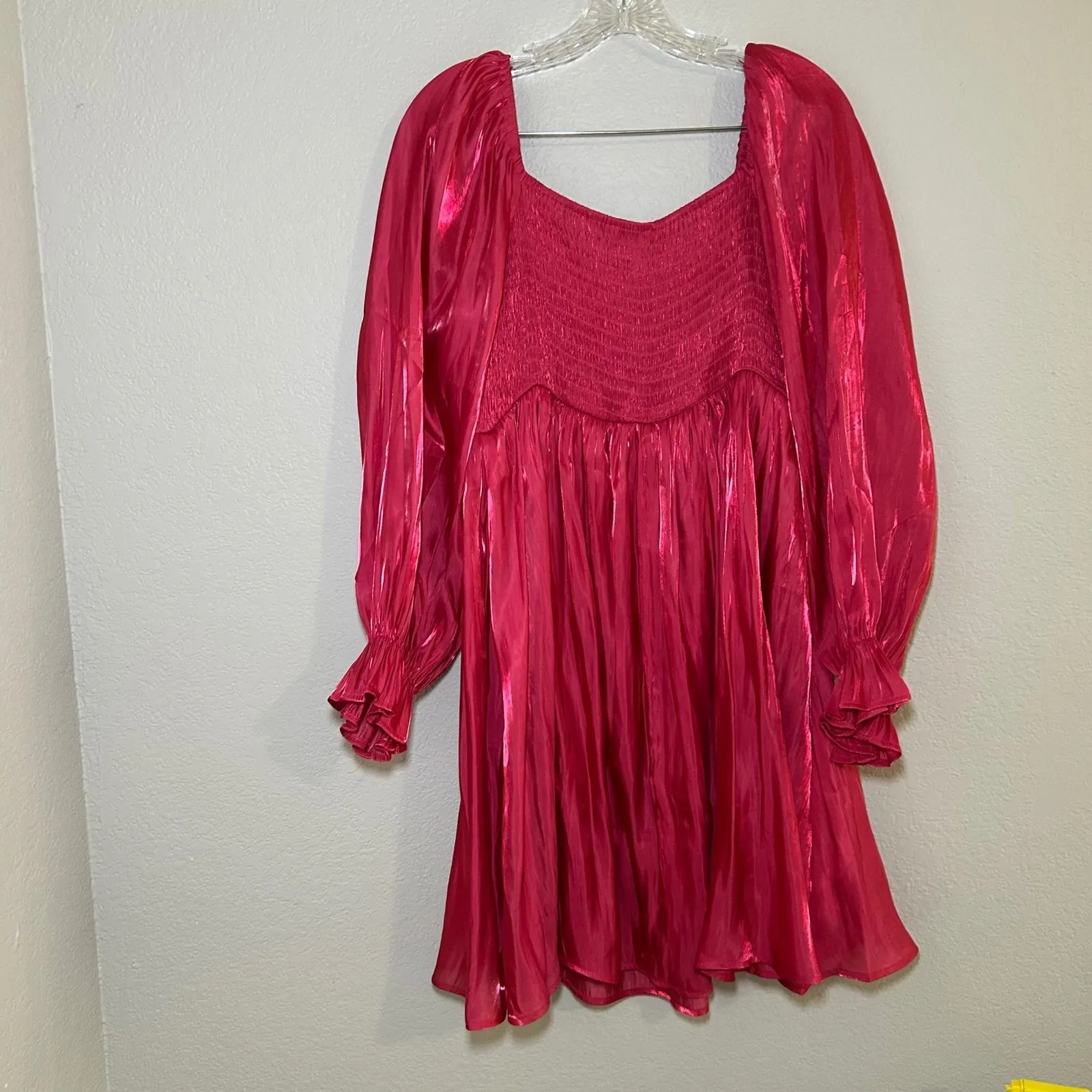 Umgee Pink Metallic Puff Sleeve Babydoll Square Neck Mini Dress Size L party - Image 6