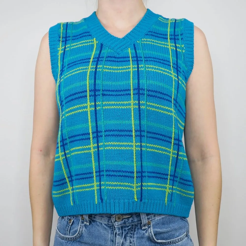 Vintage 70s Esprit Teal Plaid Knit Sweater Vest - Image 3