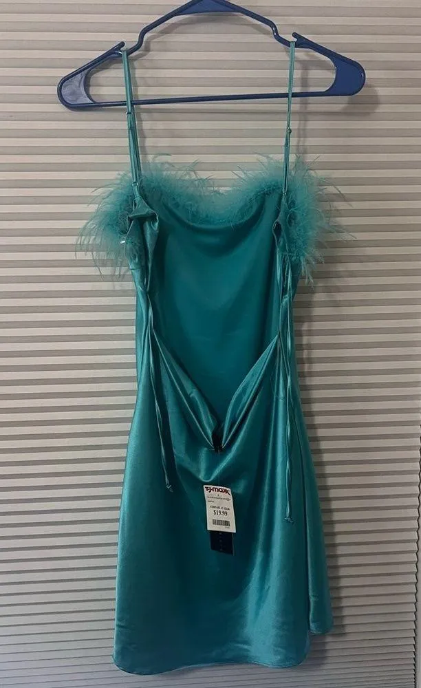 Blue shiny silky dress with a feather ruffle at the top. Size small. - Image 4