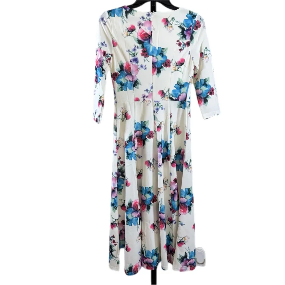Floral Fit & Flare Midi Dress Romantic Cottagecore Garden Party Spring Feminine White Size XS - Image 6