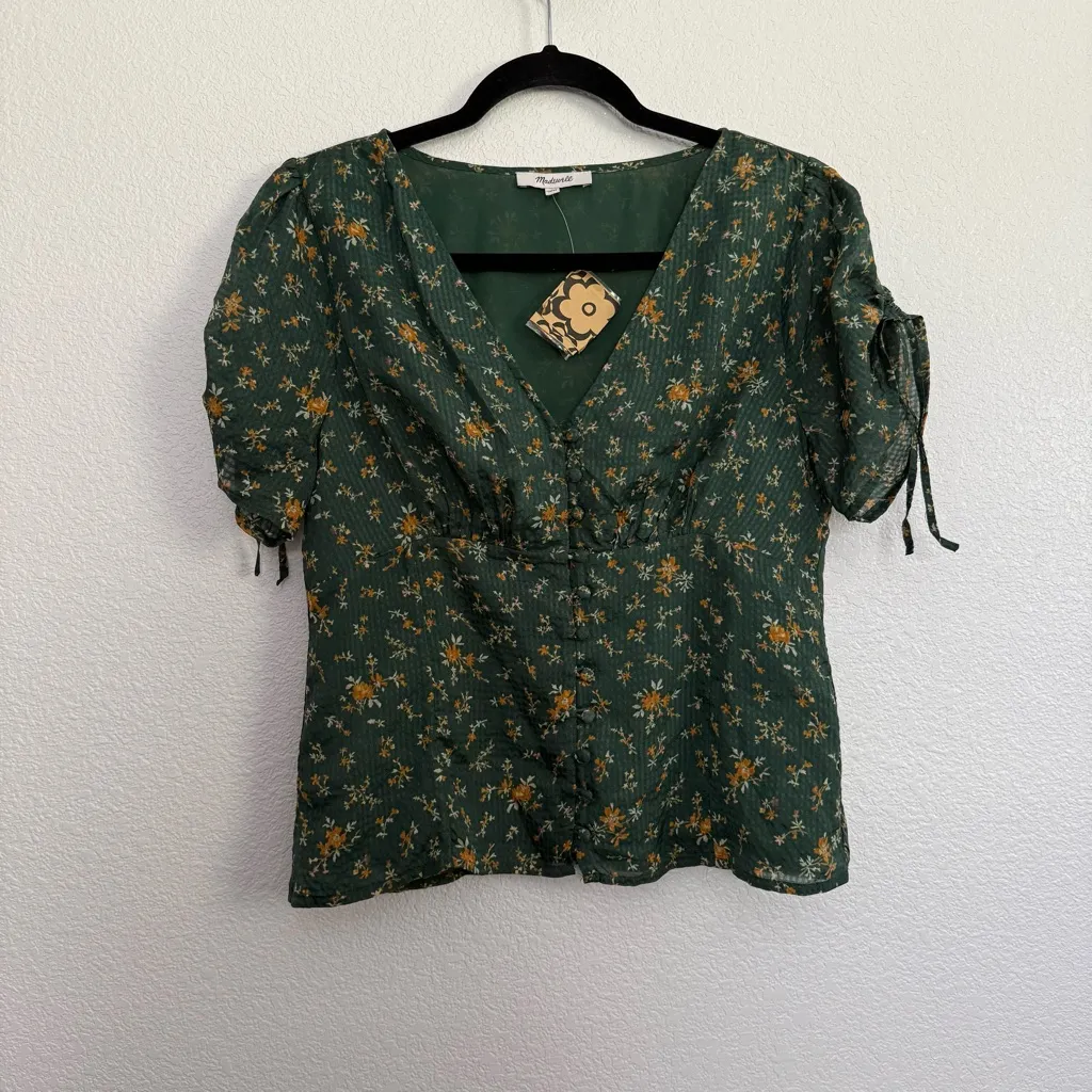 NEW Madewell Floral Silk Evie Tie Sleeve Top in Fresh Sprigs 2 Forest Green - Image 2